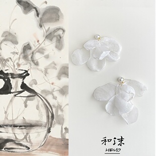 国潮原创布艺网纱蕾丝花朵耳环轻奢高级感气质古风耳饰 月白纱花