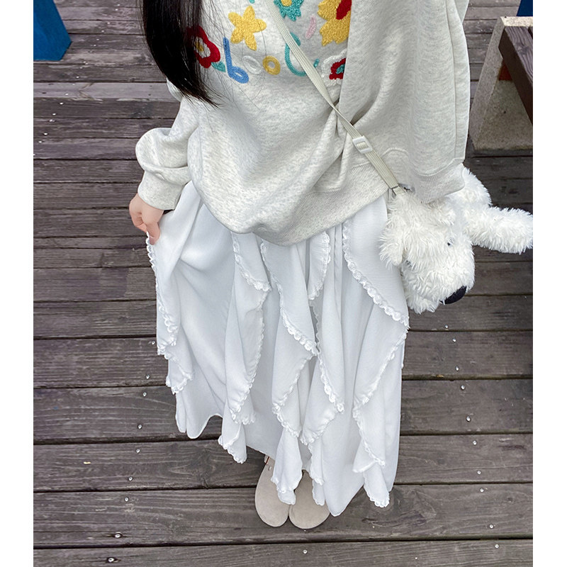 白色设计感不规则半身裙女2026新款春季蕾丝荷叶边垂感飘逸长裙子