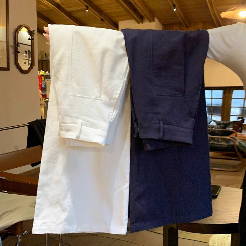 白色亚麻苎麻阔腿裤女夏季高腰垂感老钱风直筒春秋棉麻西装休闲裤