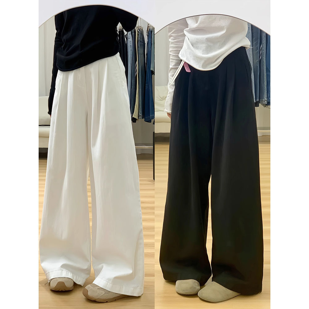 白色棉麻阔腿西装裤女秋季2025新款小个子高腰宽松垂感褶皱直筒裤