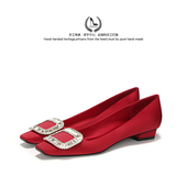 浅口不累脚舒适单鞋 LUKE法式 真丝水钻绸缎rv方头方扣粗跟气质婚鞋