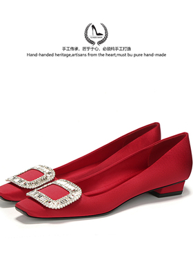 LUKE法式真丝水钻绸缎rv方头方扣粗跟气质婚鞋浅口不累脚舒适单鞋