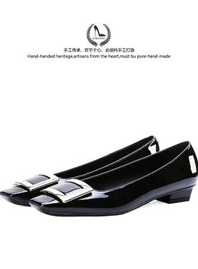 LUKE方头RV单鞋女时尚复古金属扣漆皮浅口粗跟黑色通勤百搭鞋女