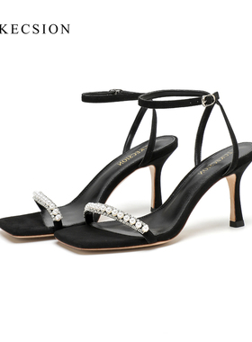 LUKE黑色细跟凉鞋女夏设计感高级水钻珍珠性感露趾一字带高跟鞋