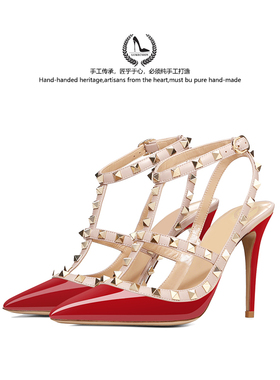LUKE2025春季新款气质铆钉尖头高跟鞋两环性感绝美红色绑带凉鞋