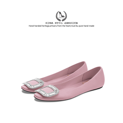 LUKE粉色水钻方扣平底单鞋女