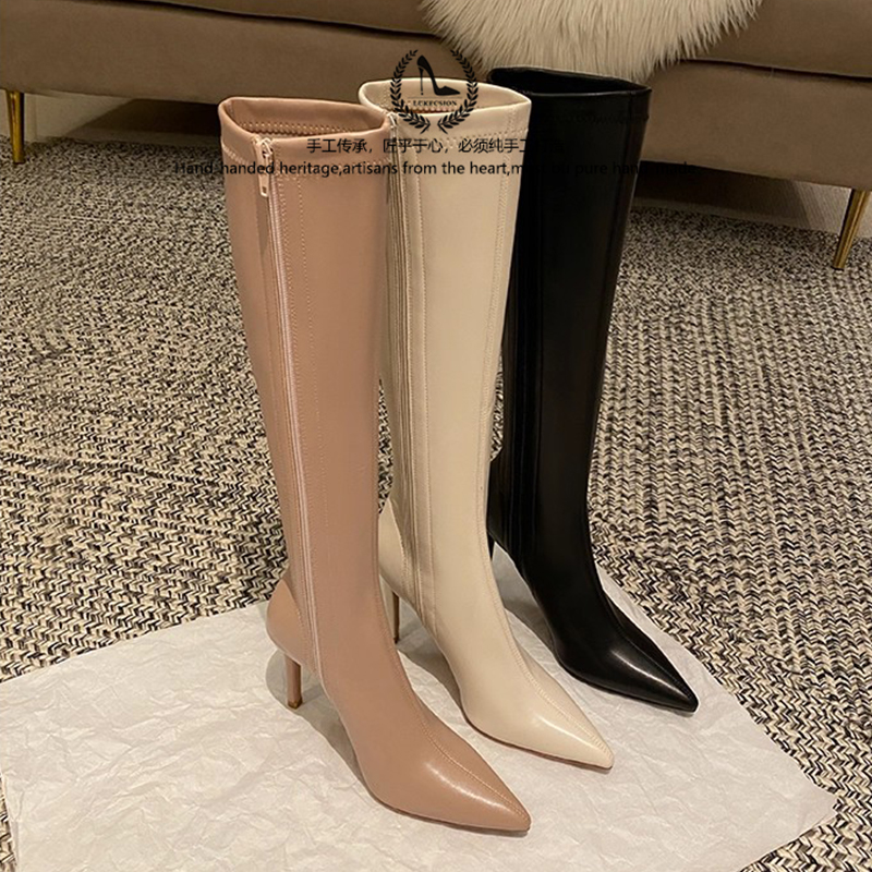 LUKE2025新款秋冬黑色高跟长靴女细跟尖头高筒靴不过膝长筒靴女