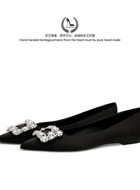 LUKE气质水钻方扣黑色平底鞋女夏新款浅口尖头通勤透气舒适单鞋