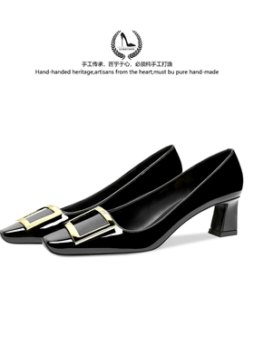 LUKE法式rv方扣粗跟单鞋黑色职业真皮方头不累脚中跟通勤高跟鞋