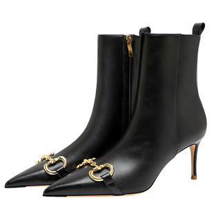 LUKE黑色洋气小短靴女早秋尖头金属扣中筒靴高跟瘦瘦拉链靴高级感