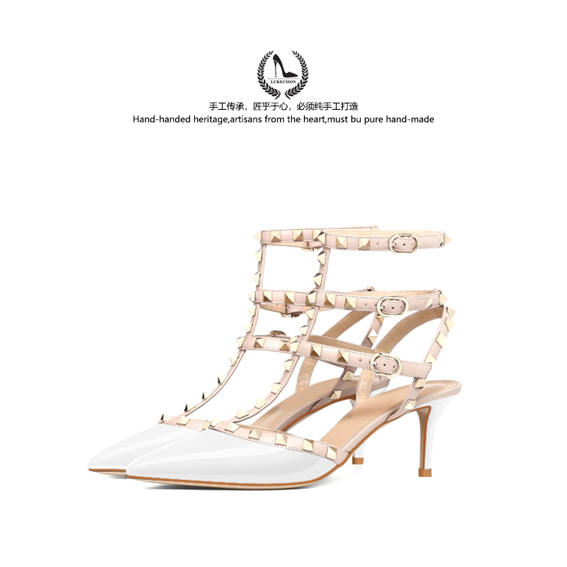 细跟性感铆钉真皮包头搭扣凉鞋女