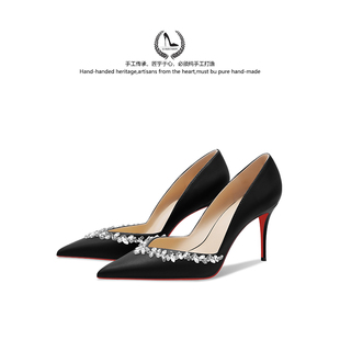 LUKE法式黑色水钻尖头红底高跟鞋女细跟浅口单鞋气质名媛性感御姐