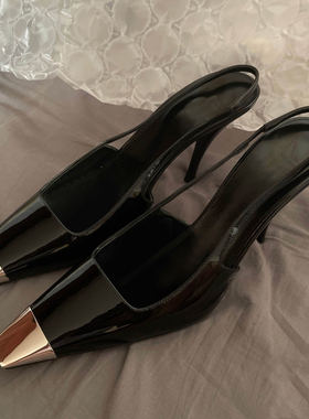 LUKE包头凉鞋女春季新款金属方头真皮法式走秀高跟鞋气质高级单鞋