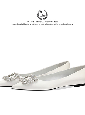 LUKE法式白色绸缎水钻平底鞋女气质温柔风方扣尖头婚鞋伴娘鞋