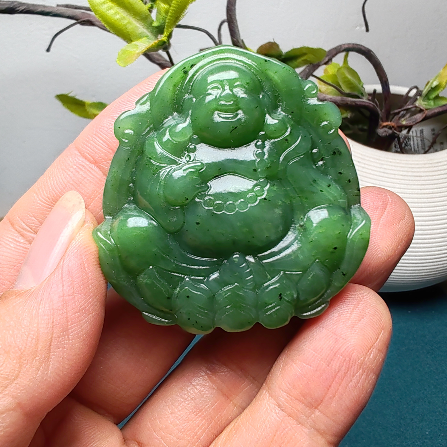 和田玉碧玉弥勒佛莲花宝座祥云吊坠挂件苏工精品男女国风笑纳三千