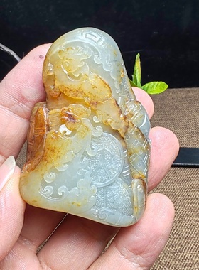 仿古龙凤手把件和田玉黄沁皮籽料