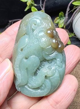 新疆和田玉且末蓝调糖玉金鱼莲蓬荷叶小手把件男女国风鸿运当头