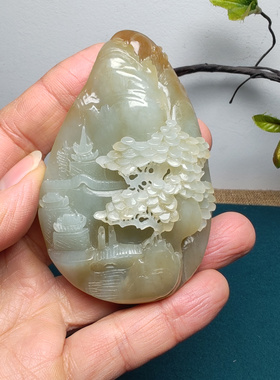 新疆和田玉且末糖青白玉山水意境手把件苏工精品男女国风宁静致远