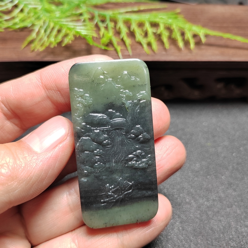 新疆和田玉籽料青花墨玉山水玉牌子吊坠挂件男女款聚墨意境玉石