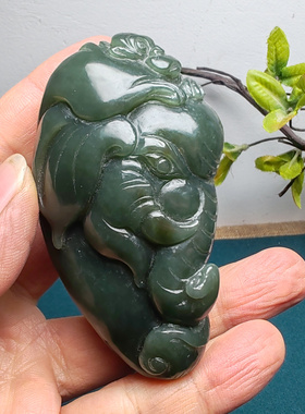 新疆和田玉且末蓝调糖玉猴子大象手把件苏工精品男女国风封侯拜相