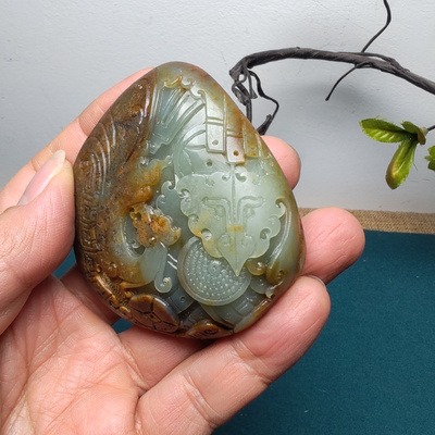 新疆和田玉籽玉原石黄沁皮仿古凤兽面貔貅锦灰堆手把件男招财进宝