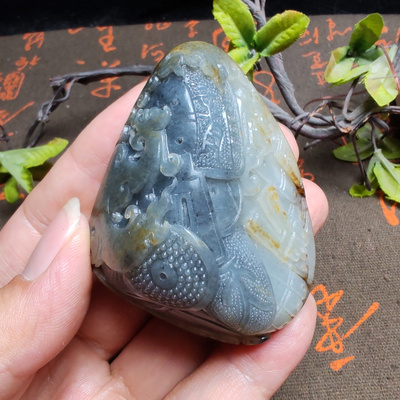 新疆和田玉籽玉青花墨玉仿古龙螭龙锦灰堆手把件男女国风龙行天下