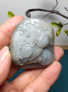 新疆和田玉籽玉原石青花墨玉仿古龙螭龙锦灰堆手把件男女龙行天下