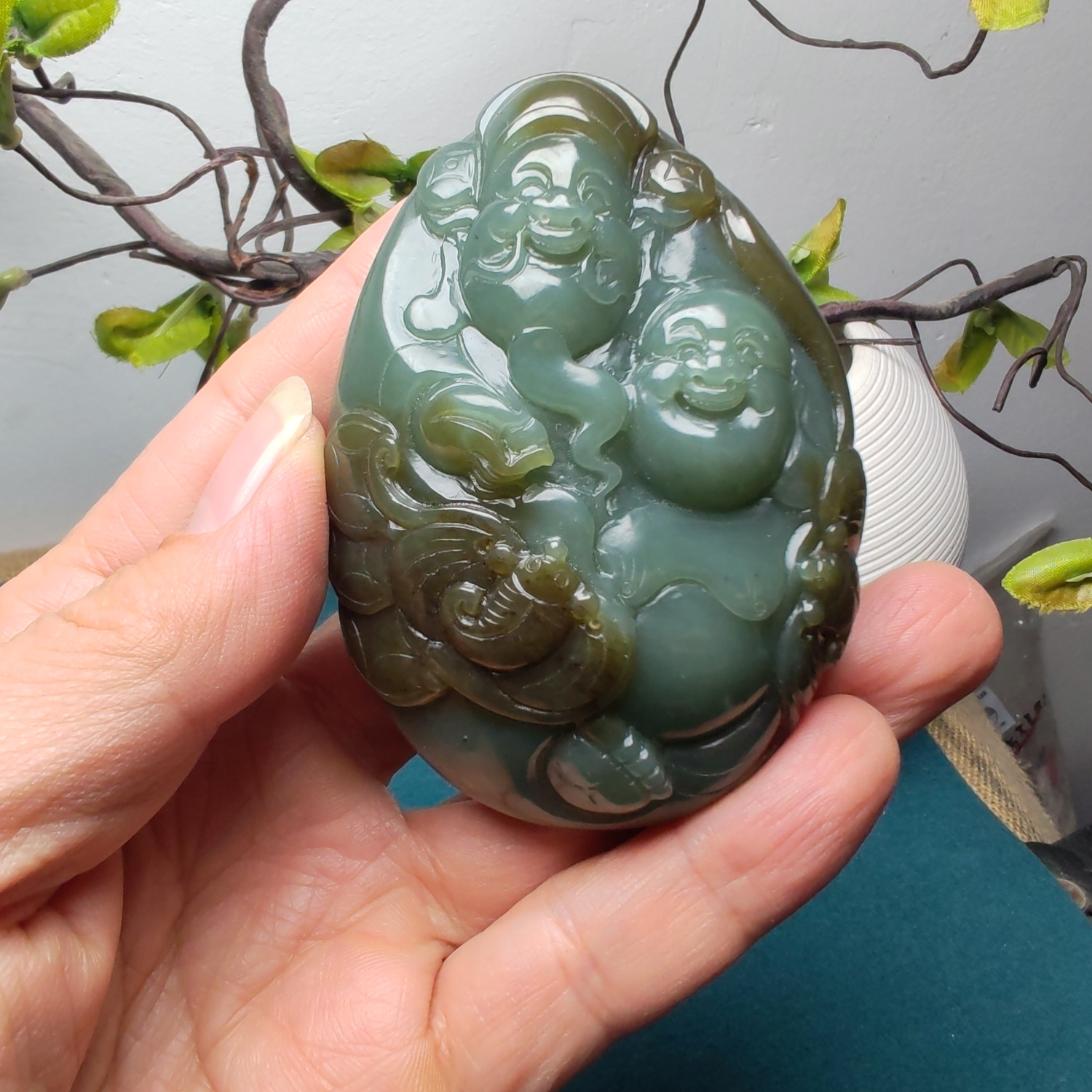 新疆和田玉且末蓝调糖玉佛财神手把件苏工精雕男女国风财福双至