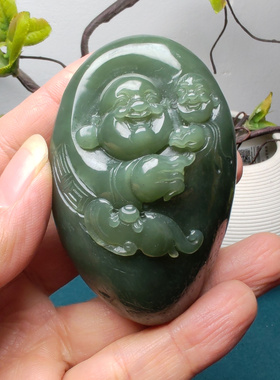 和田玉青玉弥勒佛童子蝙蝠手把件苏工油润精品男女国风佛引福来