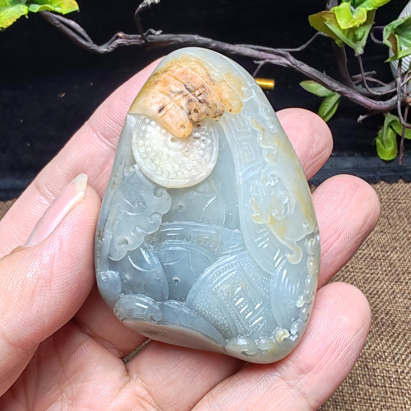 新疆和田玉籽料真皮原石青花墨玉仿古兽面貔貅凤手把件男龙凤呈祥