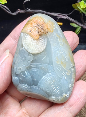 仿古兽面貔貅凤手把件和田玉籽玉