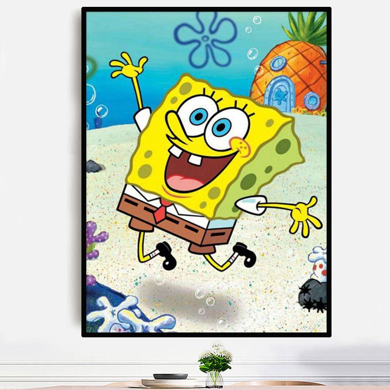 带框钻石画5d新款儿童贴砖十字绣卧室小幅卡通动漫钻石绣海绵宝宝