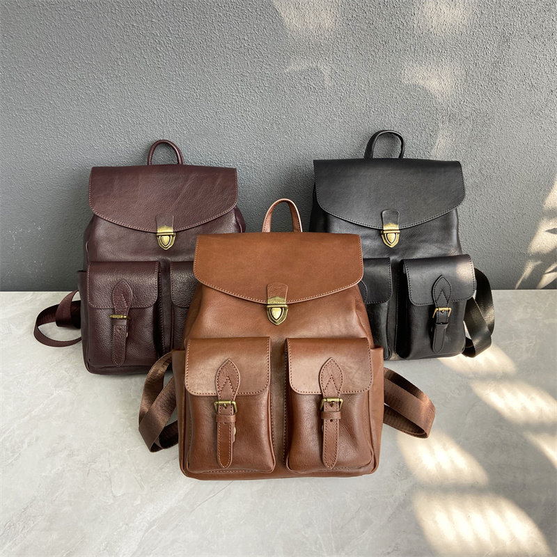 英伦风复古真皮双肩包女大容量头层植鞣牛皮女包质感翻盖剑桥背包