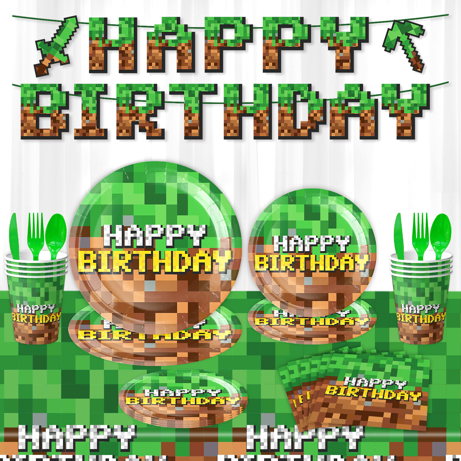 亚马逊擦边我的世界像素大战主题生日派对装饰品餐具横幅蛋糕插牌