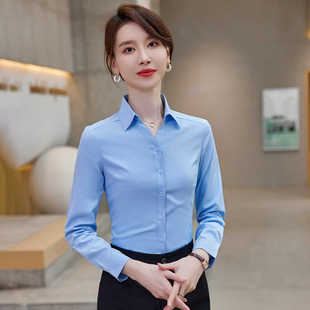2024新款职业女性长袖衬衫简约翻领修身V领纯色酒店白色上衣