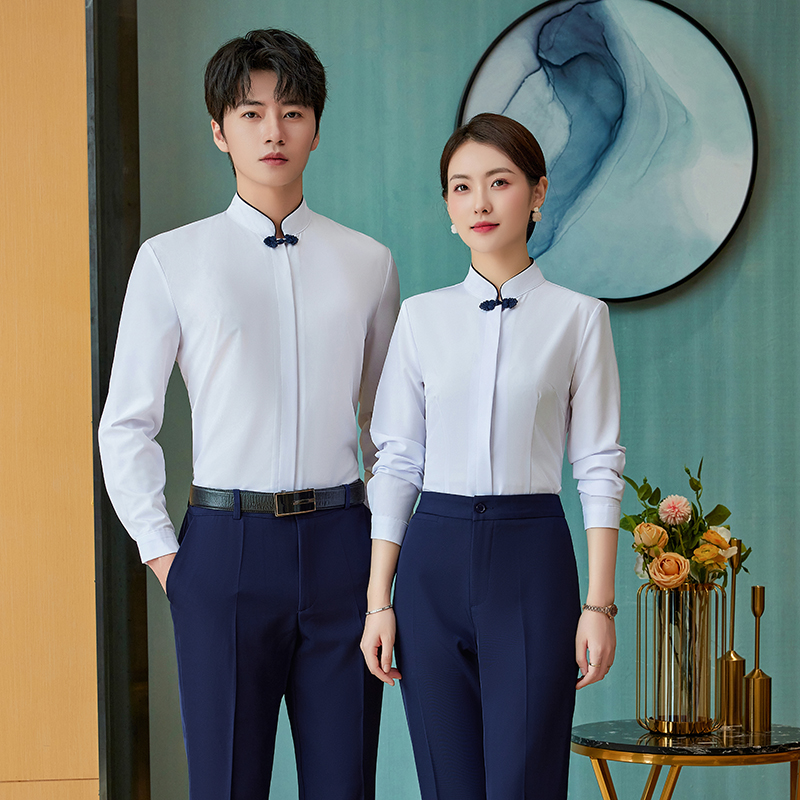 白色长袖衬衫女立领职业衬衣套装酒店前台餐饮饭店服务员工作服男