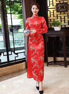 酒店礼仪旗袍红色长款餐饮旗袍迎宾走秀剪彩进酒中式礼仪小姐礼服