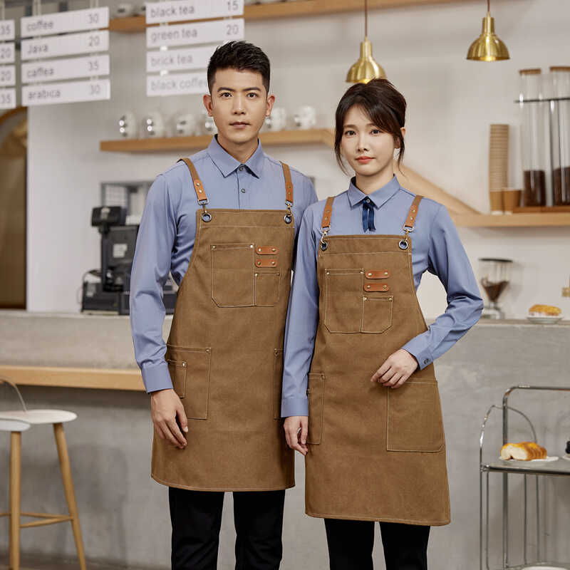 加厚高端防水围裙餐饮快餐水果连锁印字咖啡奶茶店服务员工作服女