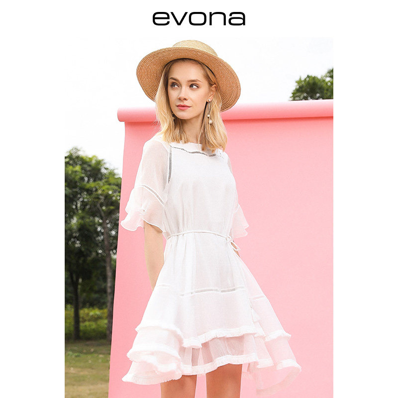 evona纯色五分袖荷叶边连衣裙5027