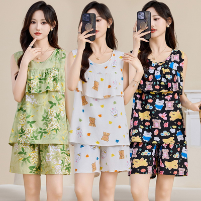 新款夏季女士棉绸睡衣套装