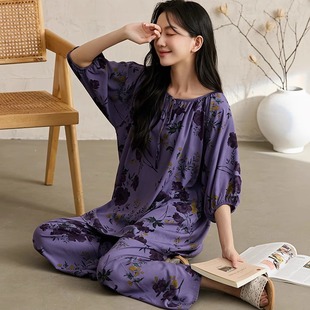 套装 棉绸短袖 长裤 家居服两件套可外穿 宽松大码 睡衣女夏季 新款 薄款