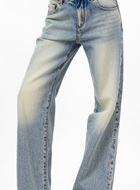 Lusso piano/ Paris黄金比例复古水洗直筒宽松牛仔裤高腰微喇长裤