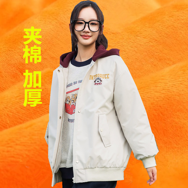 高中女学生棒球服夹棉加厚外套冬装新款宽松休闲连帽衫学院风上衣