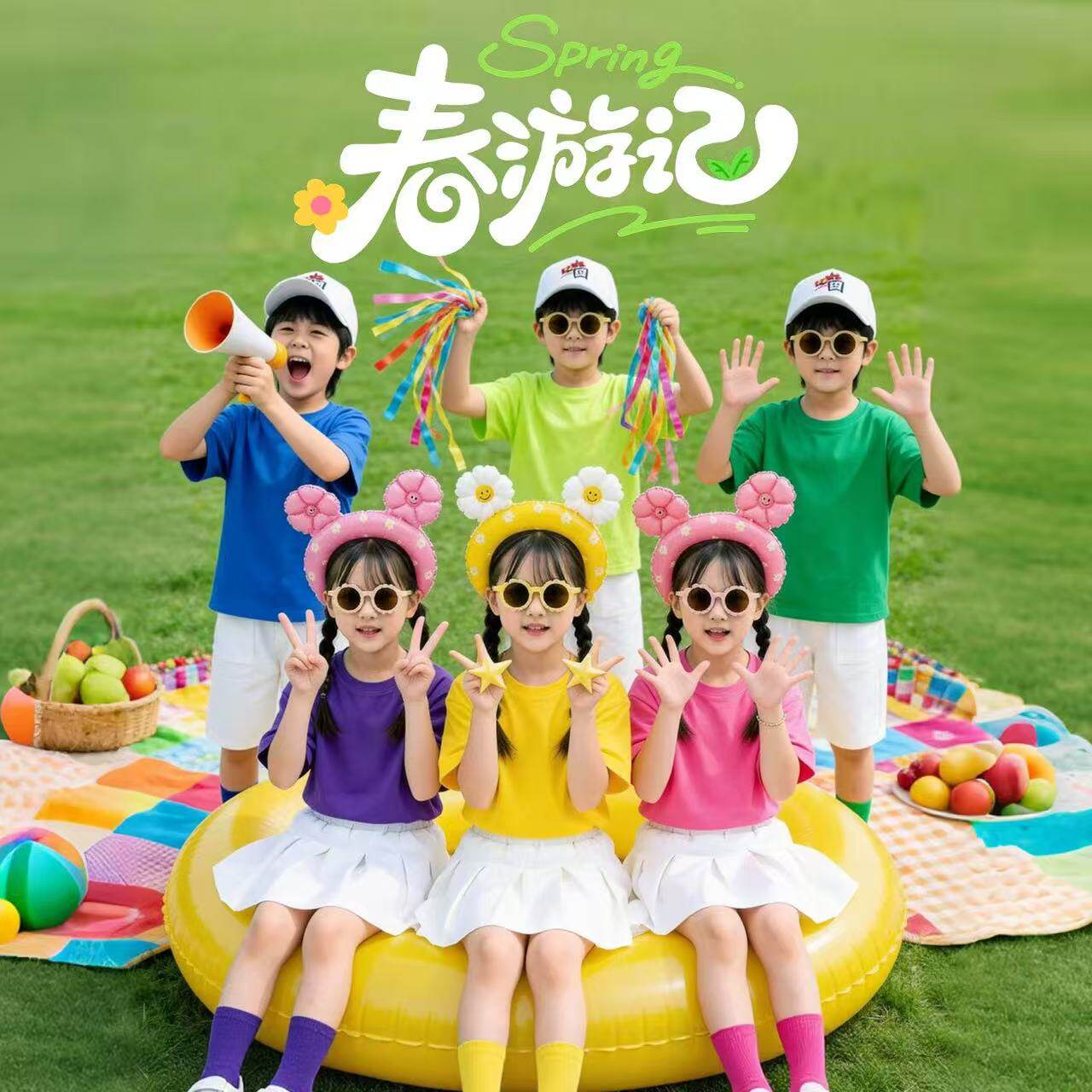 六一彩色儿童短袖T恤表演套装