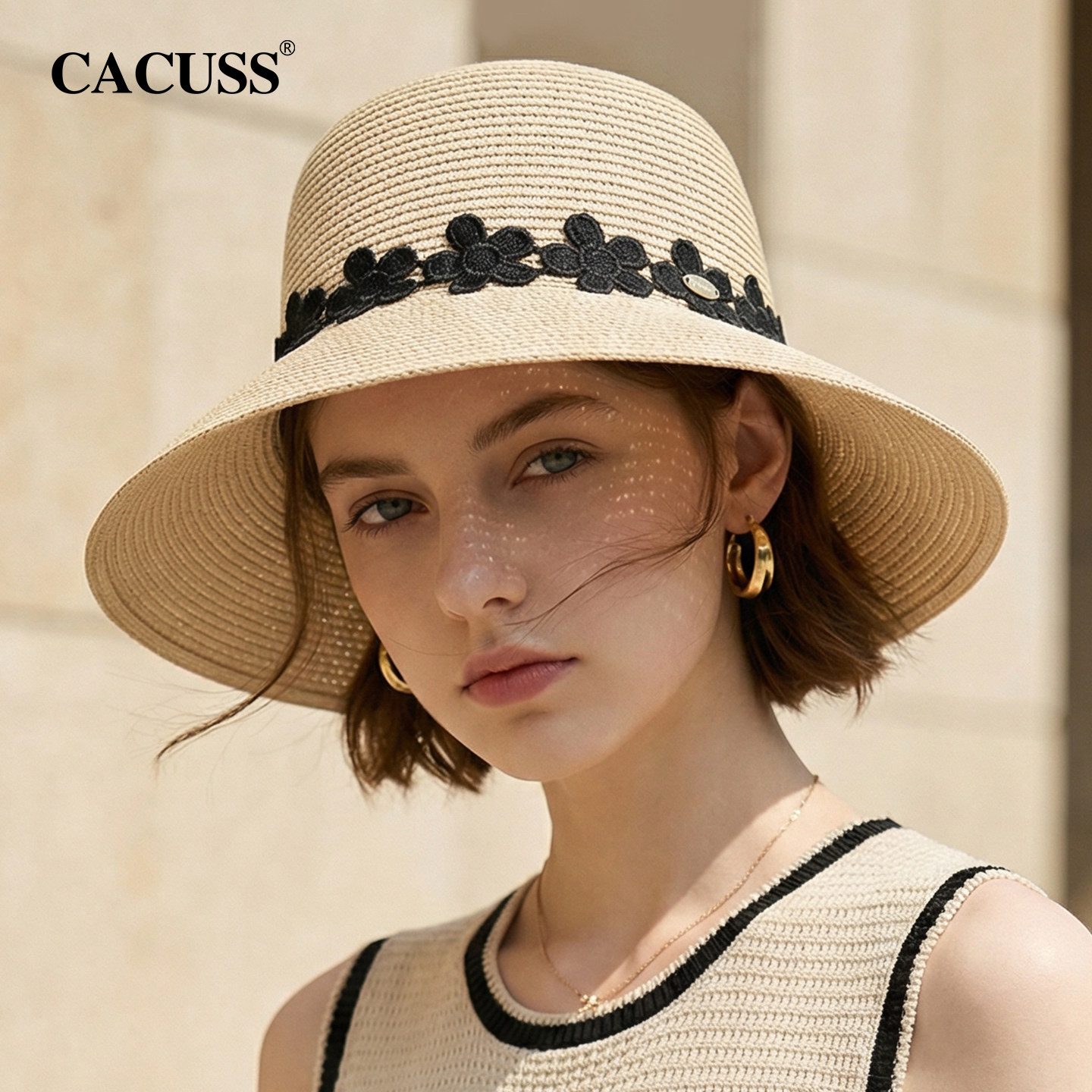 CACUSS法式草帽女夏季沙滩优雅大帽檐遮阳帽子户外时尚遮光太阳帽