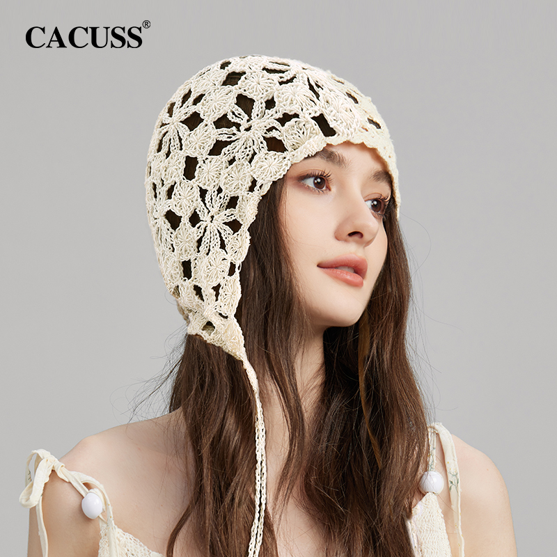 CACUSS编织堆堆帽子女2025新款包头帽夏季薄款镂空钩花针织