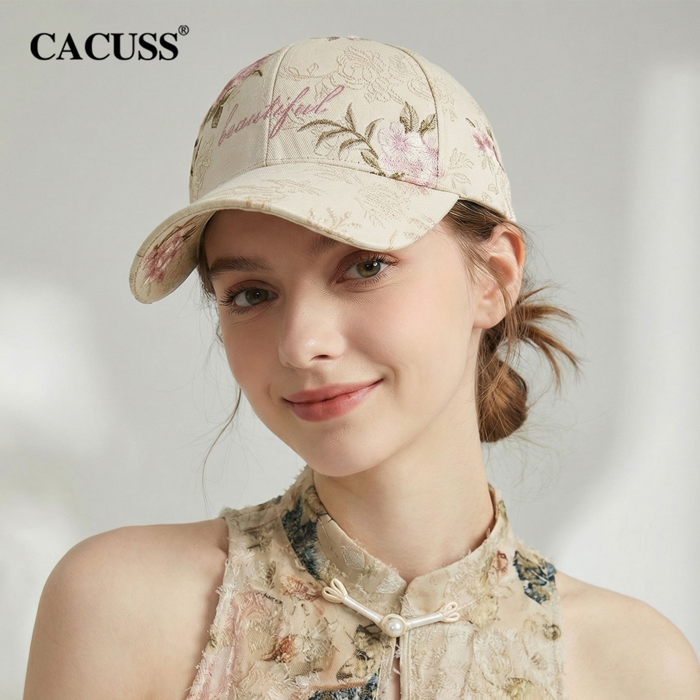 CACUSS国风花朵刺绣鸭舌帽子女秋冬新款纯棉硬顶显脸小遮阳棒球帽
