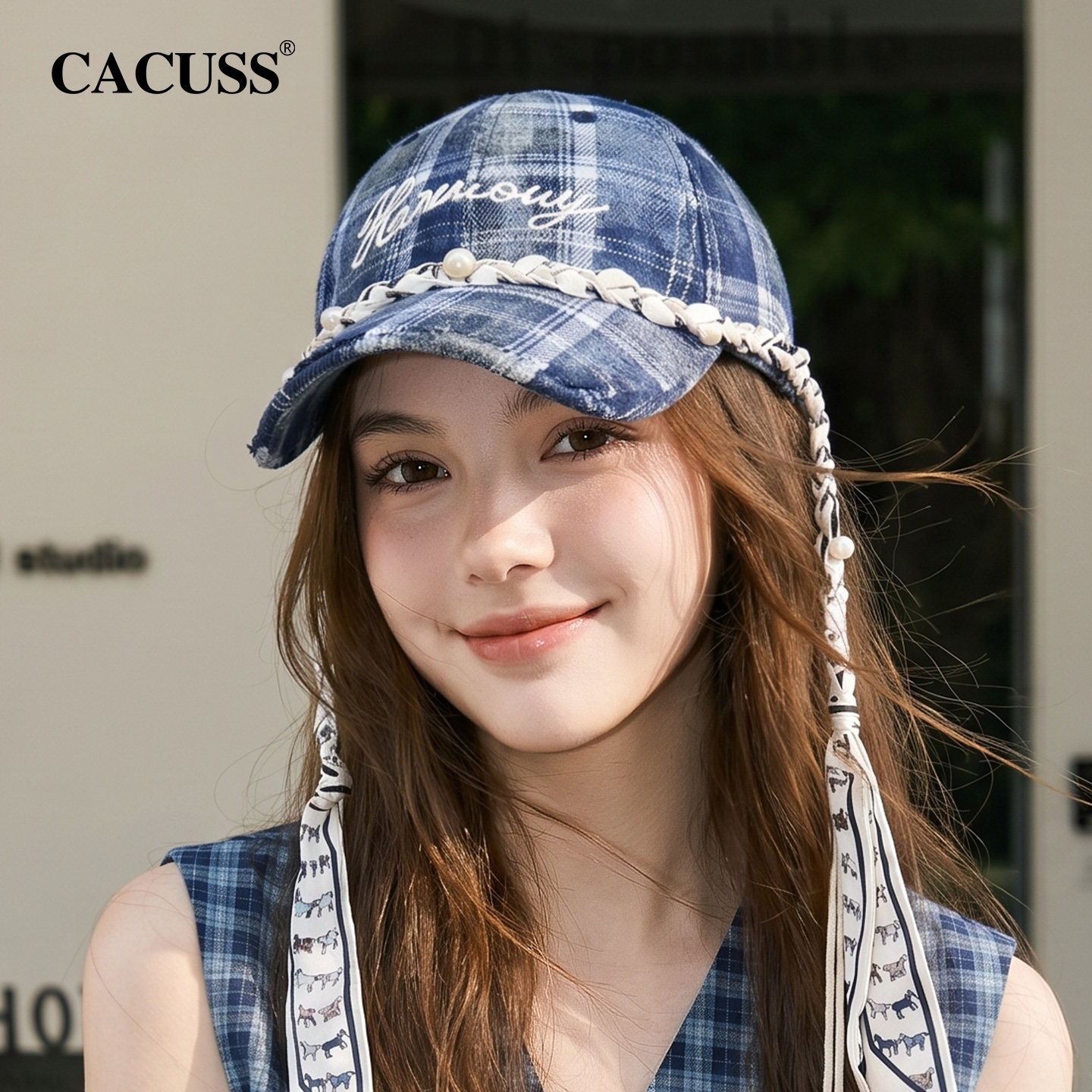 CACUSS复古格纹鸭舌帽子女款夏季珠链棒球帽显脸小韩版休闲遮阳帽