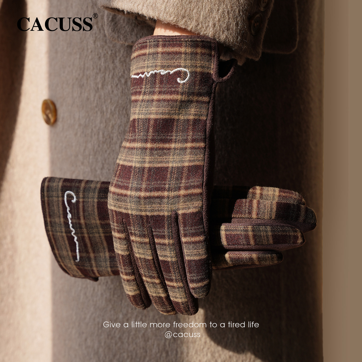 CACUSS冬季保暖复古格纹手套女士