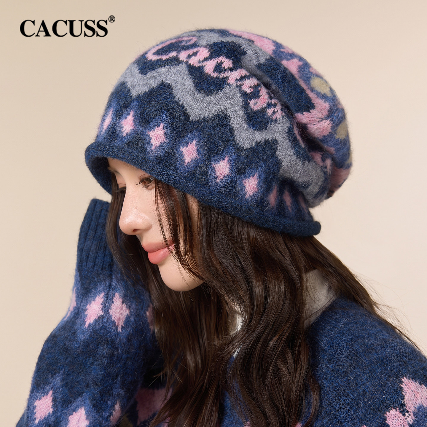 CACUSS帽子女新款秋冬毛线帽大头围堆堆帽含羊毛针织帽保暖包头帽